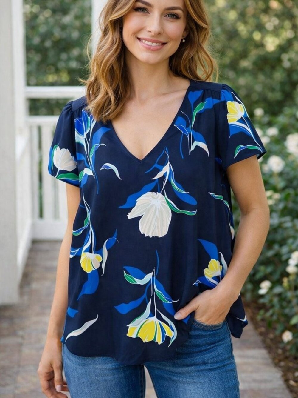 a new day Navy Floral V-Neck Short Sleeve Blouse